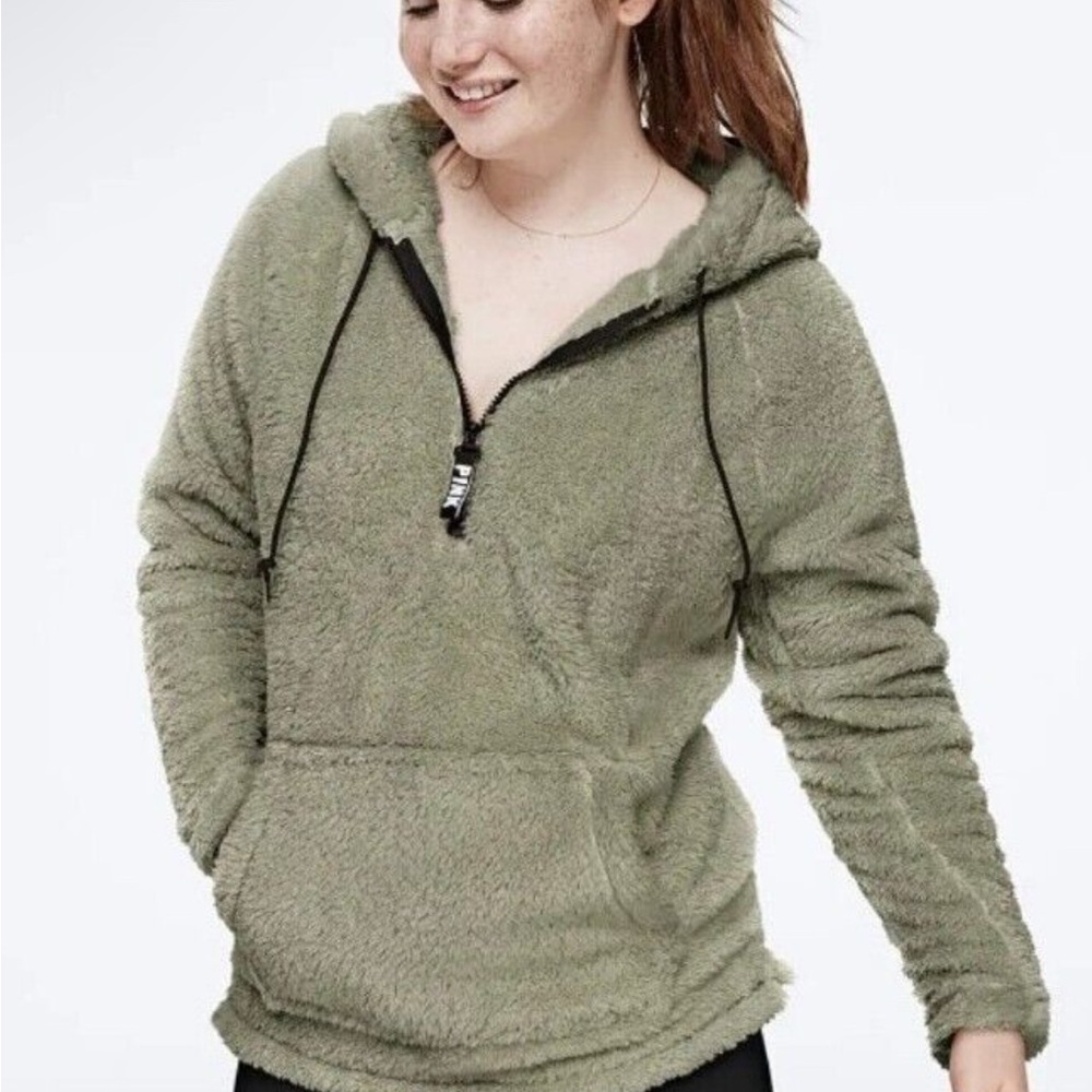 Victoria Secret PINK Teddy Fur Pullover Vintage 2019  Hoodie Green Medium